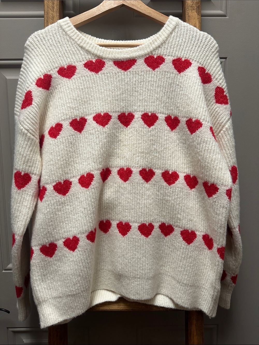 Vine & Love Cream Sweater with Red Heart Stripes